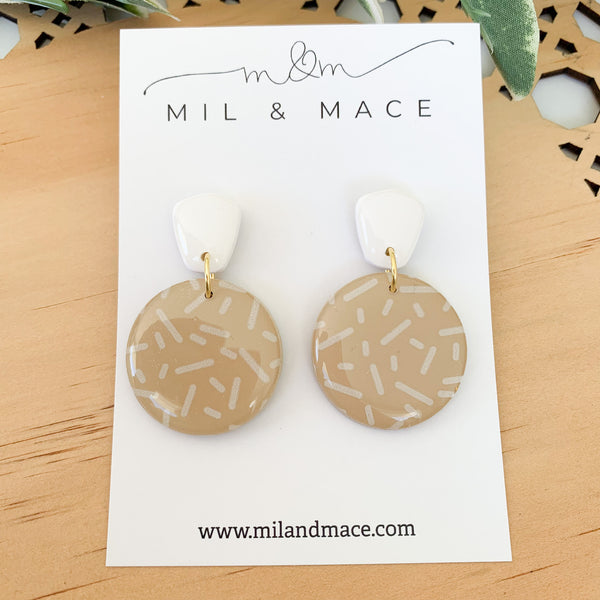 Latte and White Confetti Polymer Clay Dangle Earrings with Resin Finish