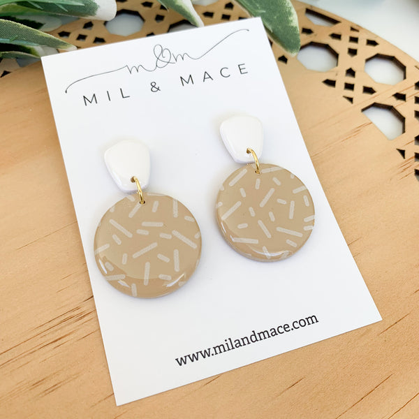 Latte and White Confetti Polymer Clay Dangle Earrings with Resin Finish