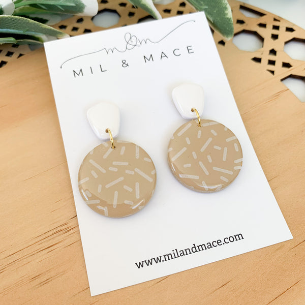Latte and White Confetti Polymer Clay Dangle Earrings with Resin Finish