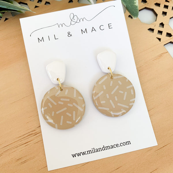 Latte and White Confetti Polymer Clay Dangle Earrings with Resin Finish