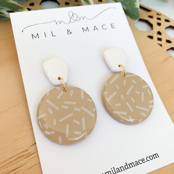 Latte and White Confetti Polymer Clay Dangle Earrings with Resin Finish