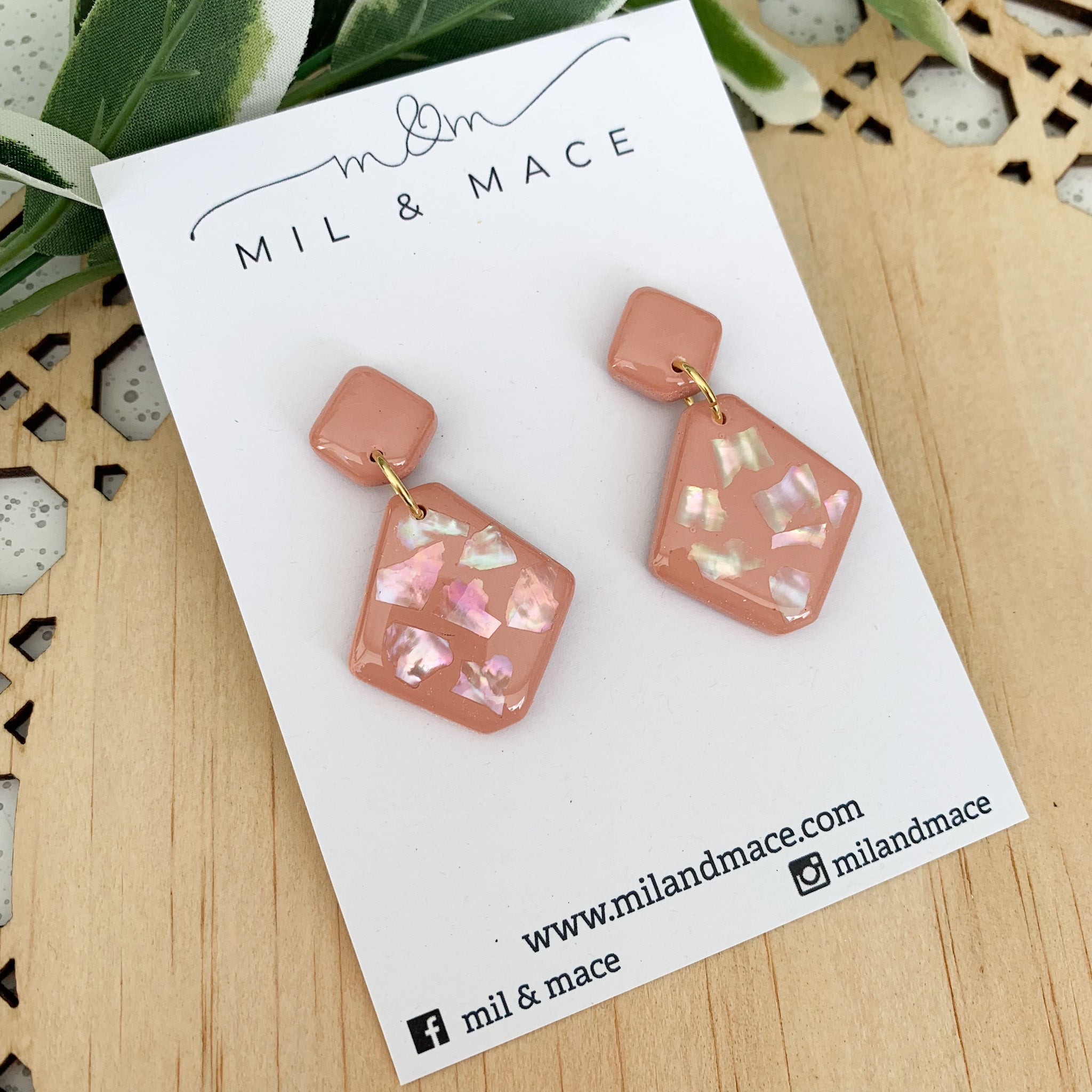 Shell Pink Polymer Clay Dangle Earrings with a Resin finish