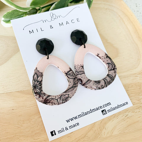 Pastel Pink and Black Lace Polymer Clay and Resin Dangle Earrings