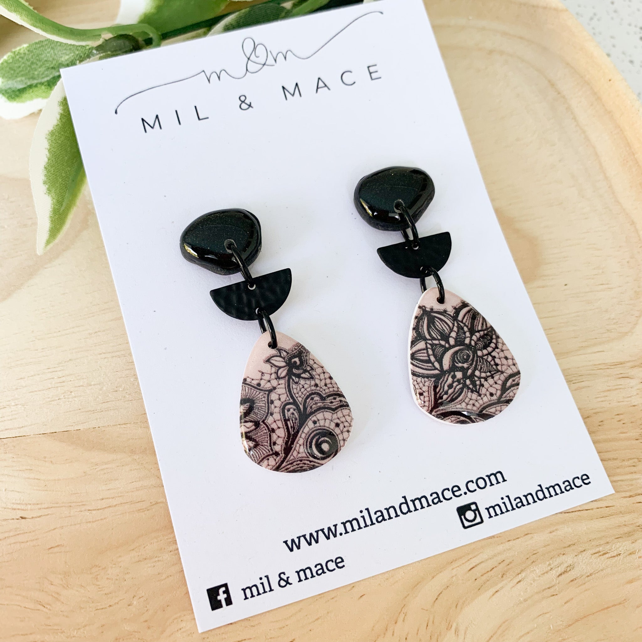 Pastel Pink and Black Lace Polymer Clay and Resin Dangle Earrings