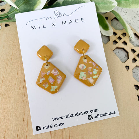Shell Mustard Polymer Clay Dangle Earrings with a Resin finish