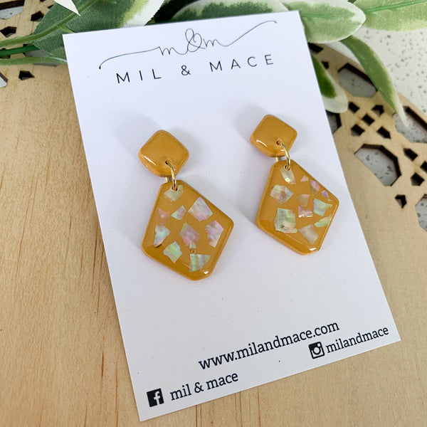 Shell Mustard Polymer Clay Dangle Earrings with a Resin finish