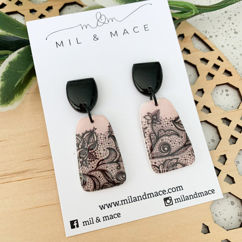 Pastel Pink and Black Lace Polymer Clay and Resin Dangle Earrings