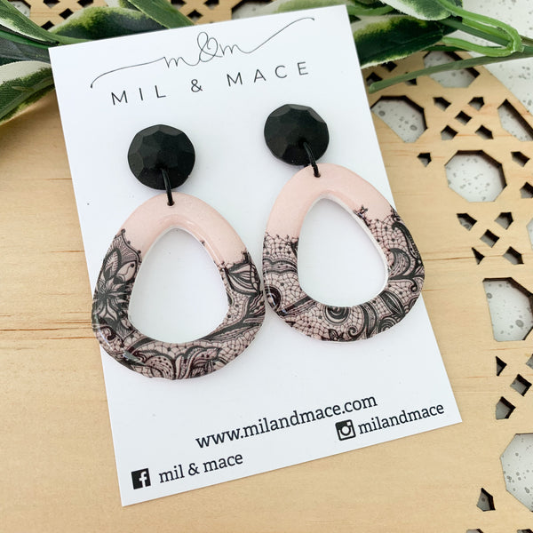 Pastel Pink and Black Lace Polymer Clay and Resin Dangle Earrings