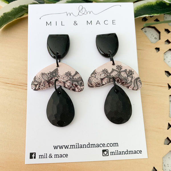 Pastel Pink and Black Lace Polymer Clay and Resin Dangle Earrings