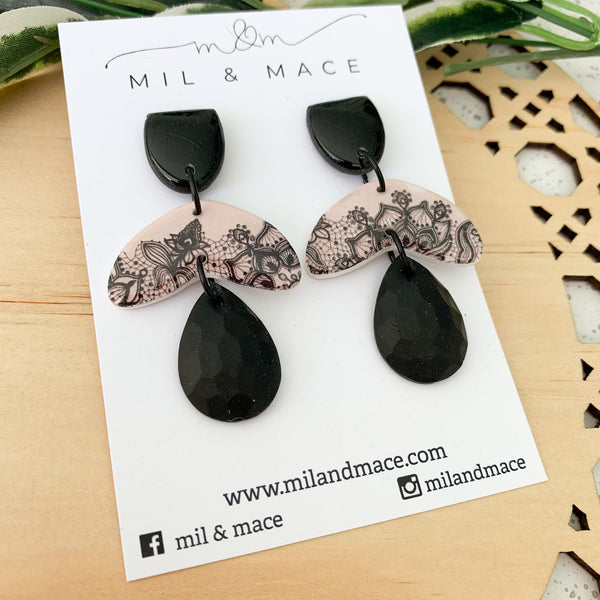 Pastel Pink and Black Lace Polymer Clay and Resin Dangle Earrings