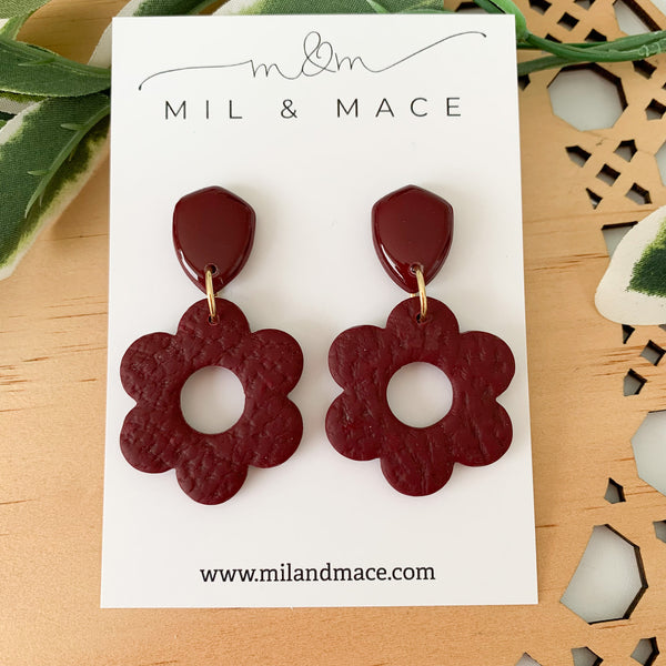 Burgundy Flower Polymer Clay Dangle Earrings