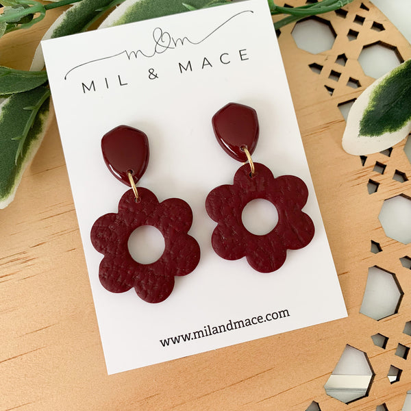 Burgundy Flower Polymer Clay Dangle Earrings