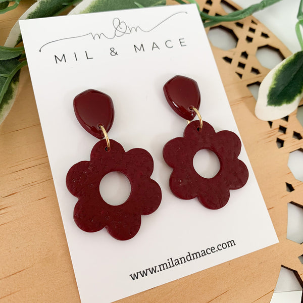 Burgundy Flower Polymer Clay Dangle Earrings