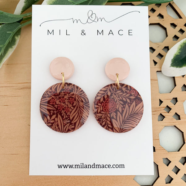 Burgundy Floral Polymer Clay Dangle Earrings with Resin Finish