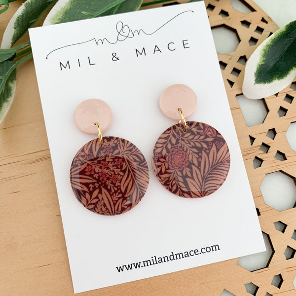 Burgundy Floral Polymer Clay Dangle Earrings with Resin Finish