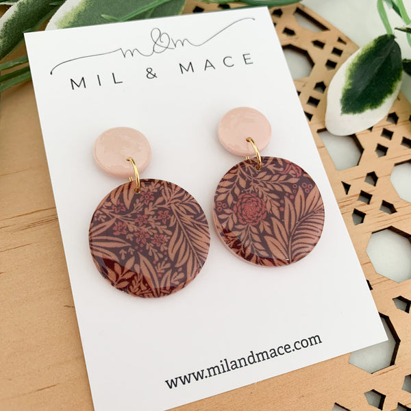 Burgundy Floral Polymer Clay Dangle Earrings with Resin Finish