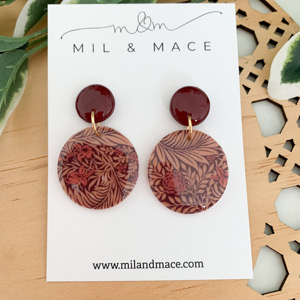 Burgundy Floral Polymer Clay Dangle Earrings with Resin Finish