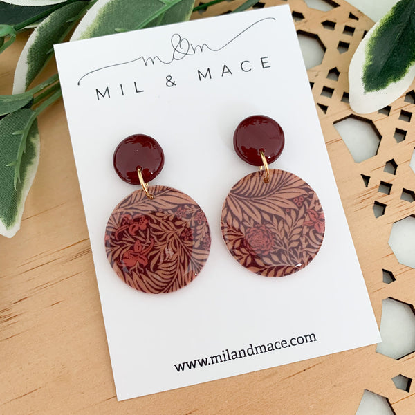Burgundy Floral Polymer Clay Dangle Earrings with Resin Finish