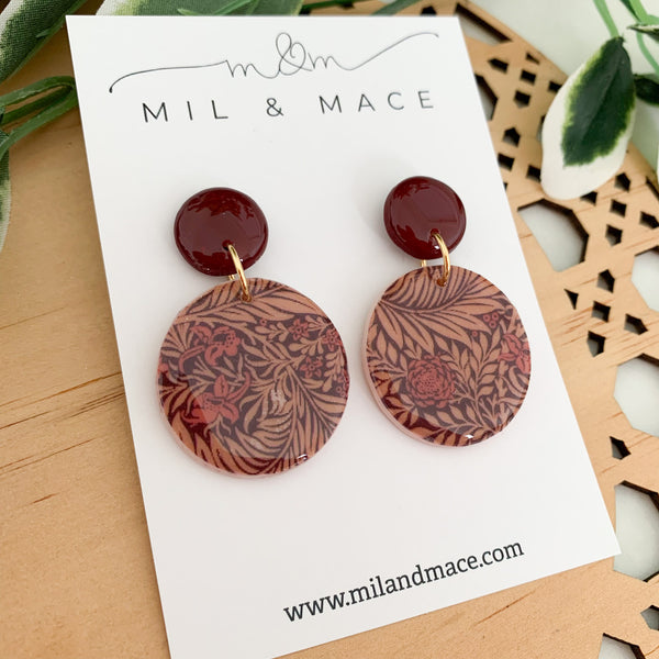 Burgundy Floral Polymer Clay Dangle Earrings with Resin Finish