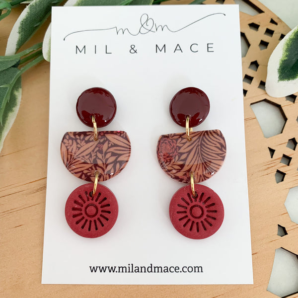 Burgundy Floral Polymer Clay Dangle Earrings with Resin Finish