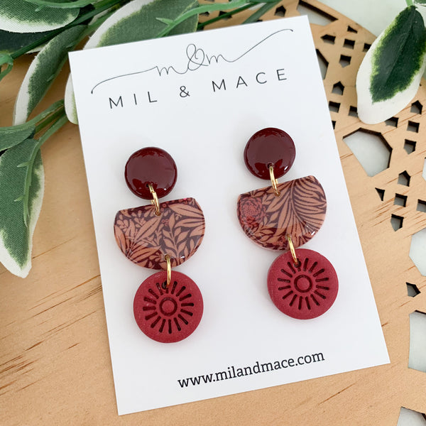 Burgundy Floral Polymer Clay Dangle Earrings with Resin Finish