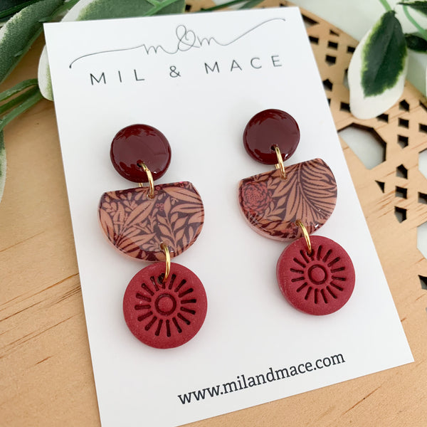 Burgundy Floral Polymer Clay Dangle Earrings with Resin Finish