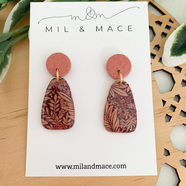 Burgundy Floral Polymer Clay Dangle Earrings with Resin Finish