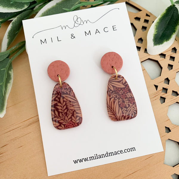Burgundy Floral Polymer Clay Dangle Earrings with Resin Finish