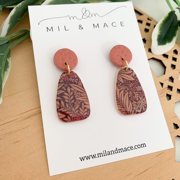 Burgundy Floral Polymer Clay Dangle Earrings with Resin Finish