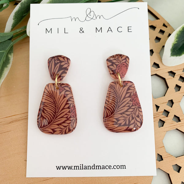 Burgundy Floral Polymer Clay Dangle Earrings with Resin Finish