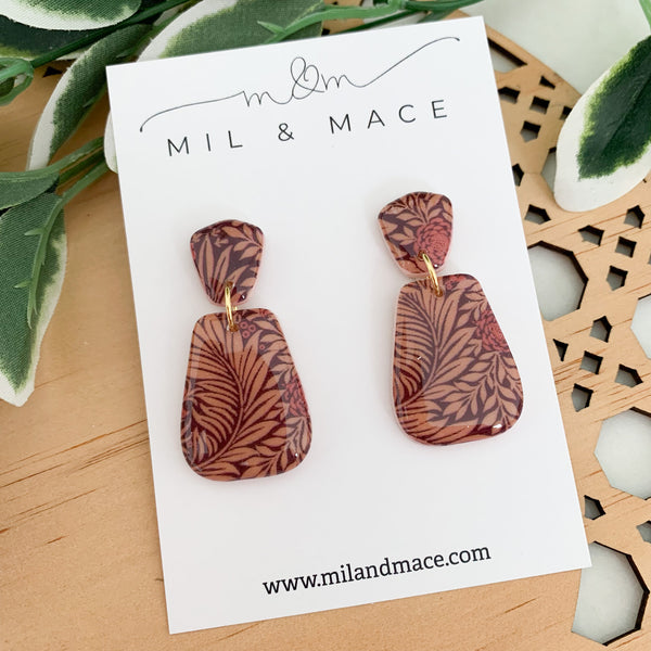 Burgundy Floral Polymer Clay Dangle Earrings with Resin Finish