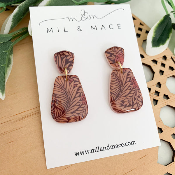 Burgundy Floral Polymer Clay Dangle Earrings with Resin Finish