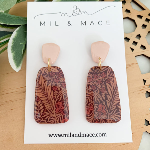 Burgundy Floral Polymer Clay Dangle Earrings with Resin Finish