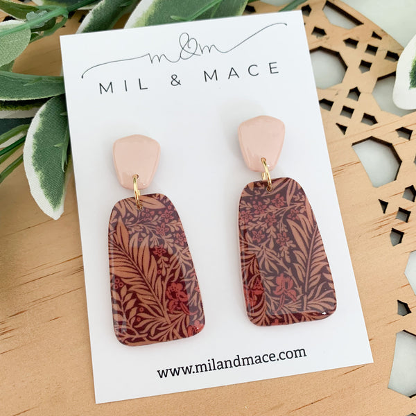 Burgundy Floral Polymer Clay Dangle Earrings with Resin Finish