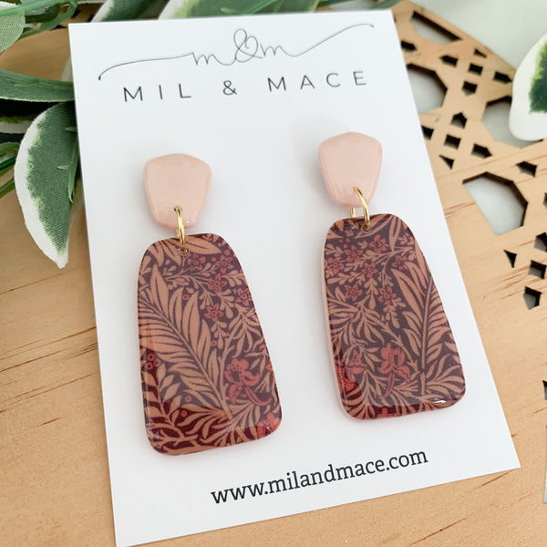 Burgundy Floral Polymer Clay Dangle Earrings with Resin Finish
