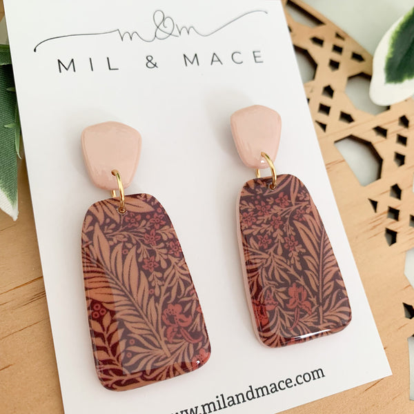 Burgundy Floral Polymer Clay Dangle Earrings with Resin Finish