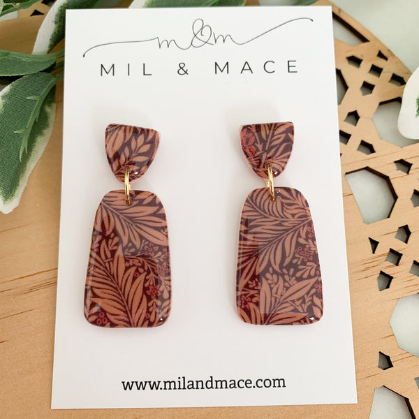 Burgundy Floral Polymer Clay Dangle Earrings with Resin Finish
