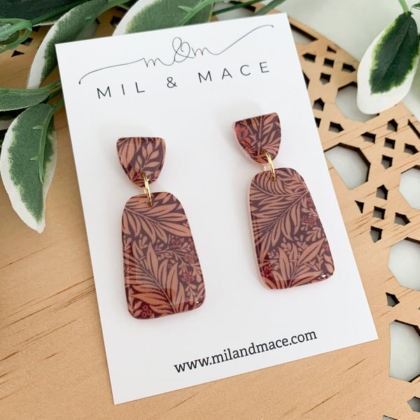 Burgundy Floral Polymer Clay Dangle Earrings with Resin Finish