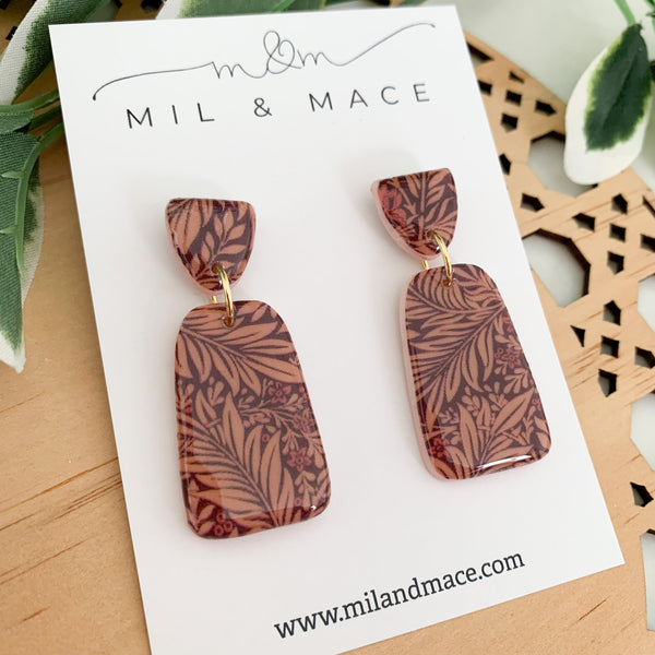 Burgundy Floral Polymer Clay Dangle Earrings with Resin Finish