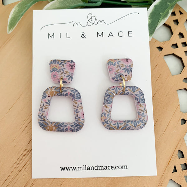 Antique Floral Polymer Clay Dangle Earrings with Resin Finish