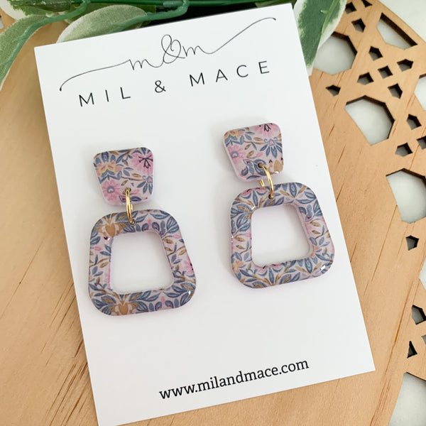 Antique Floral Polymer Clay Dangle Earrings with Resin Finish