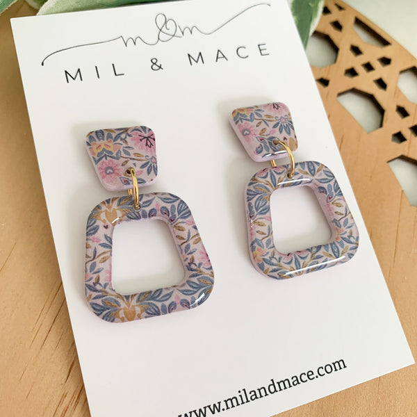 Antique Floral Polymer Clay Dangle Earrings with Resin Finish