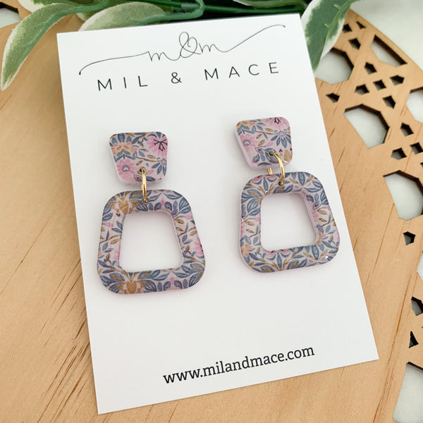 Antique Floral Polymer Clay Dangle Earrings with Resin Finish