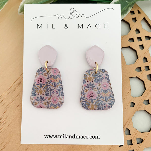 Antique Floral Polymer Clay Dangle Earrings with Resin Finish