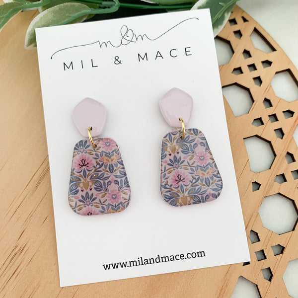 Antique Floral Polymer Clay Dangle Earrings with Resin Finish