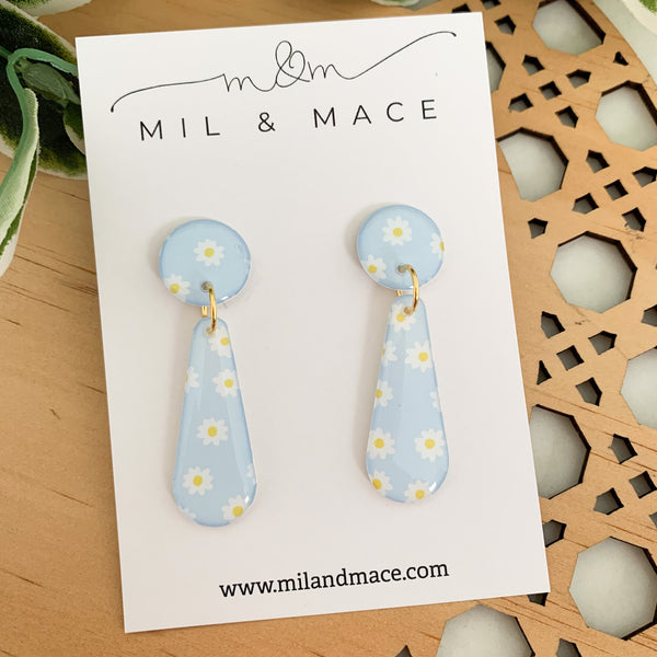 Baby Blue Daisy Yupo Dangle Earrings