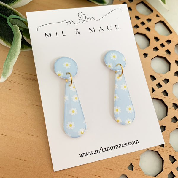 Baby Blue Daisy Yupo Dangle Earrings