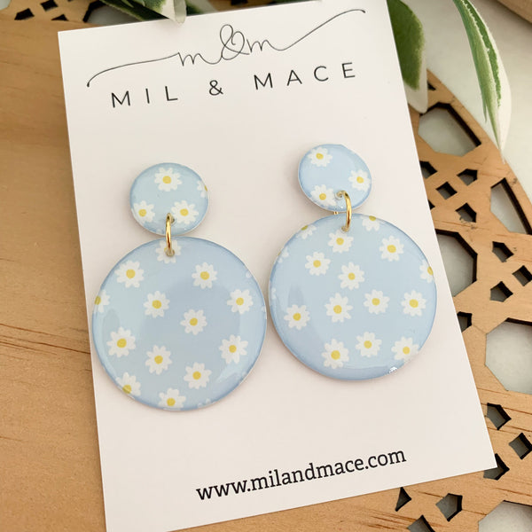 Baby Blue Daisy Yupo Dangle Earrings