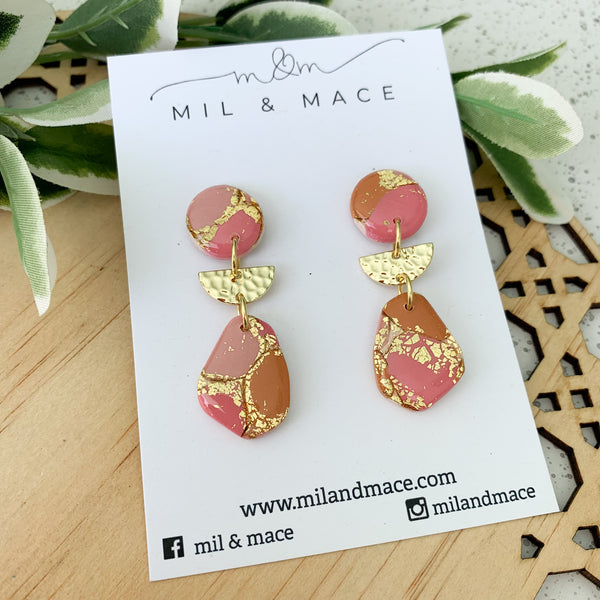 Pink and Burnt Orange Splash Polymer Clay Dangle Earrings with Resin Finish