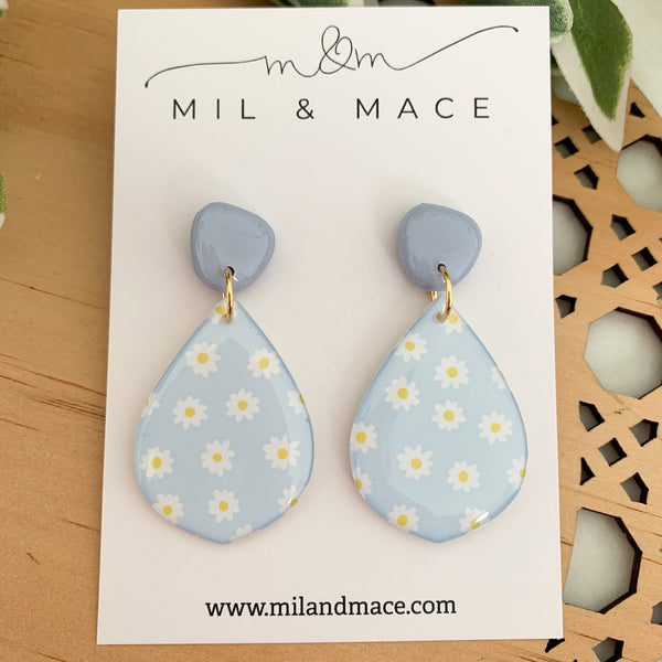 Baby Blue Daisy Yupo Dangle Earrings